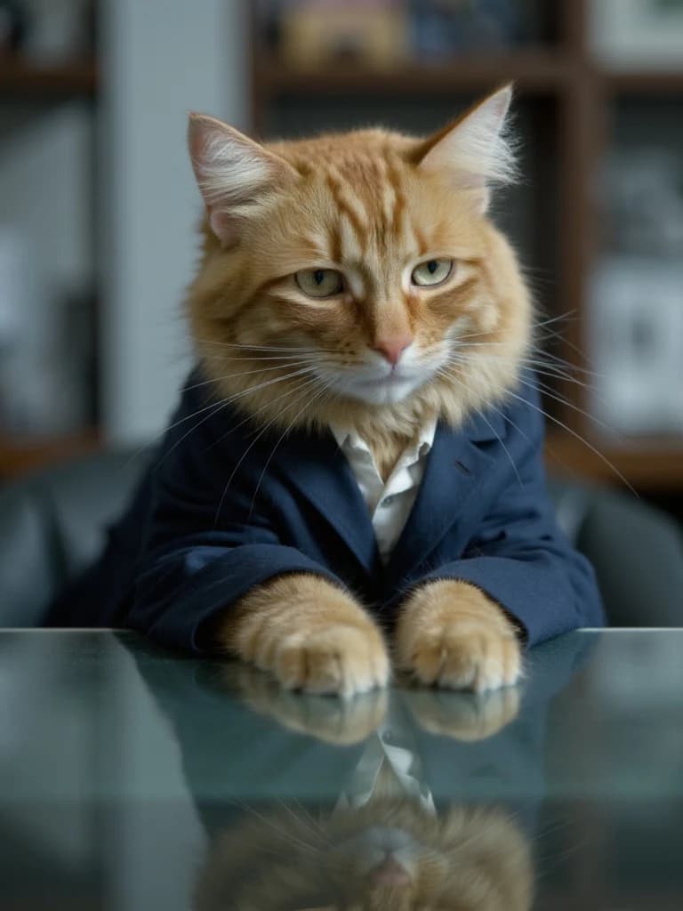 Gillie in a suit with paws on a desk